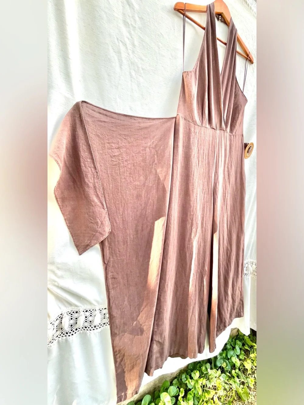 Zara Rami Jumpsuit Halterneck Crossover V-Neck Pareo w Buckle Open Back Brown L